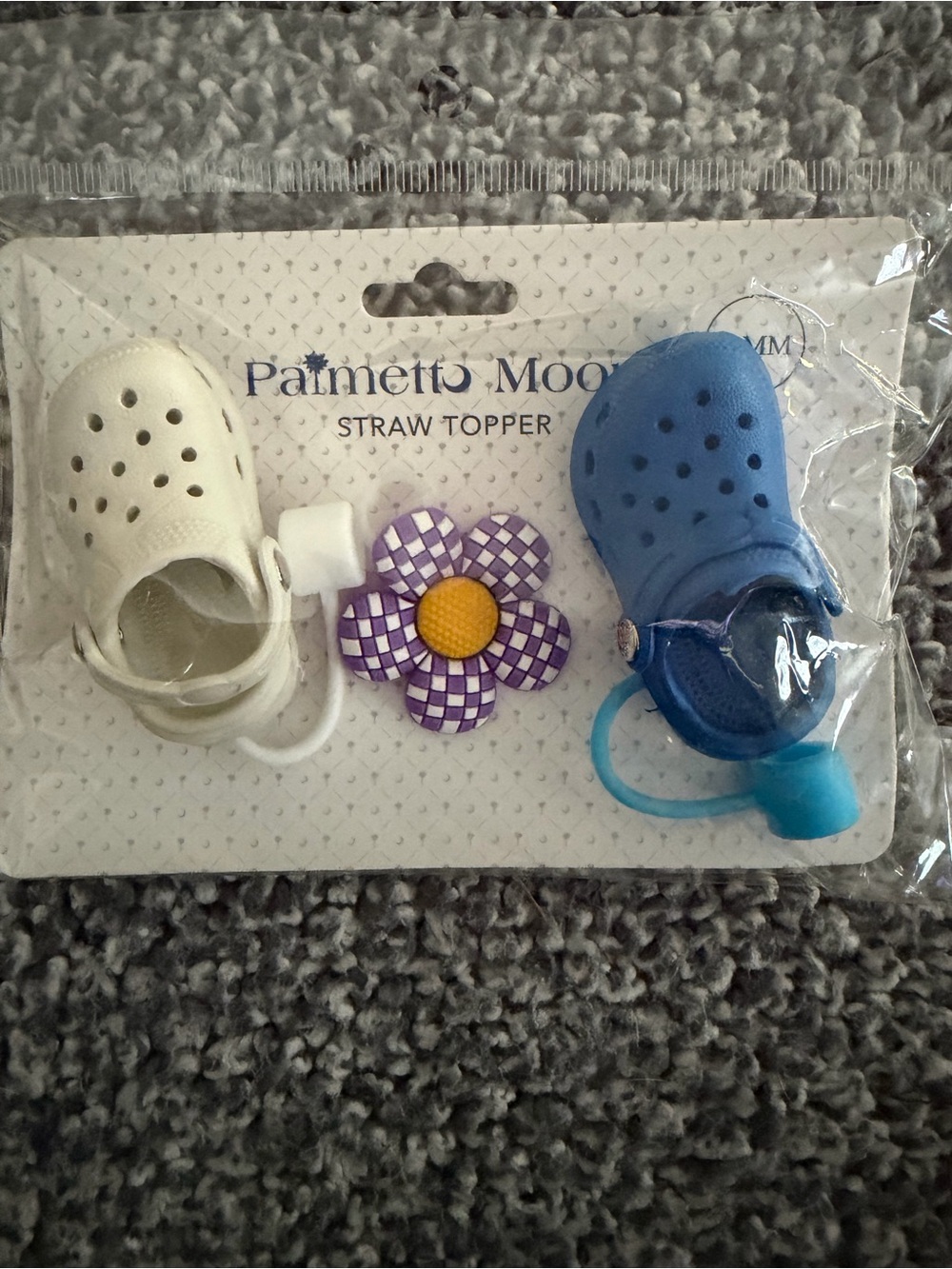 Palmetto Moon White & Blue Shoes & Purple and white Flower straw toppers